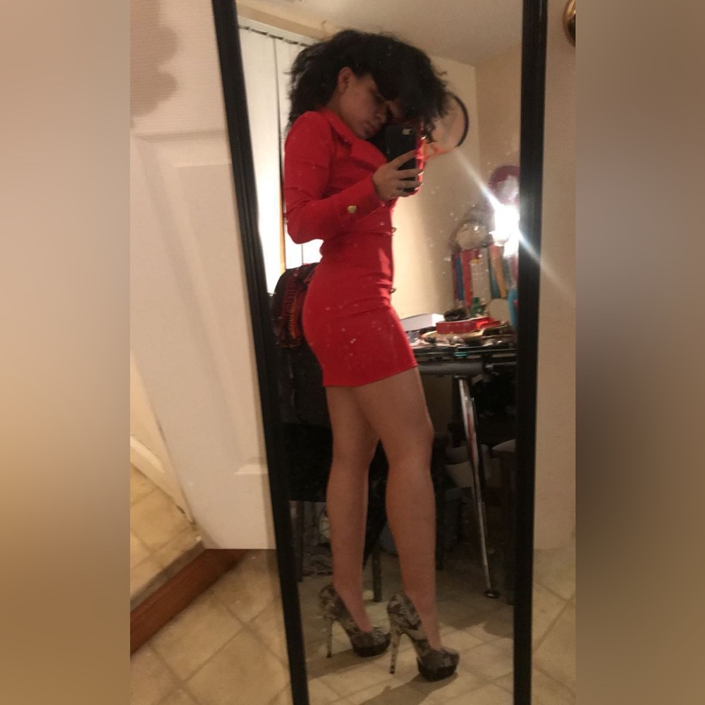 Red Dress with Golden Buttons